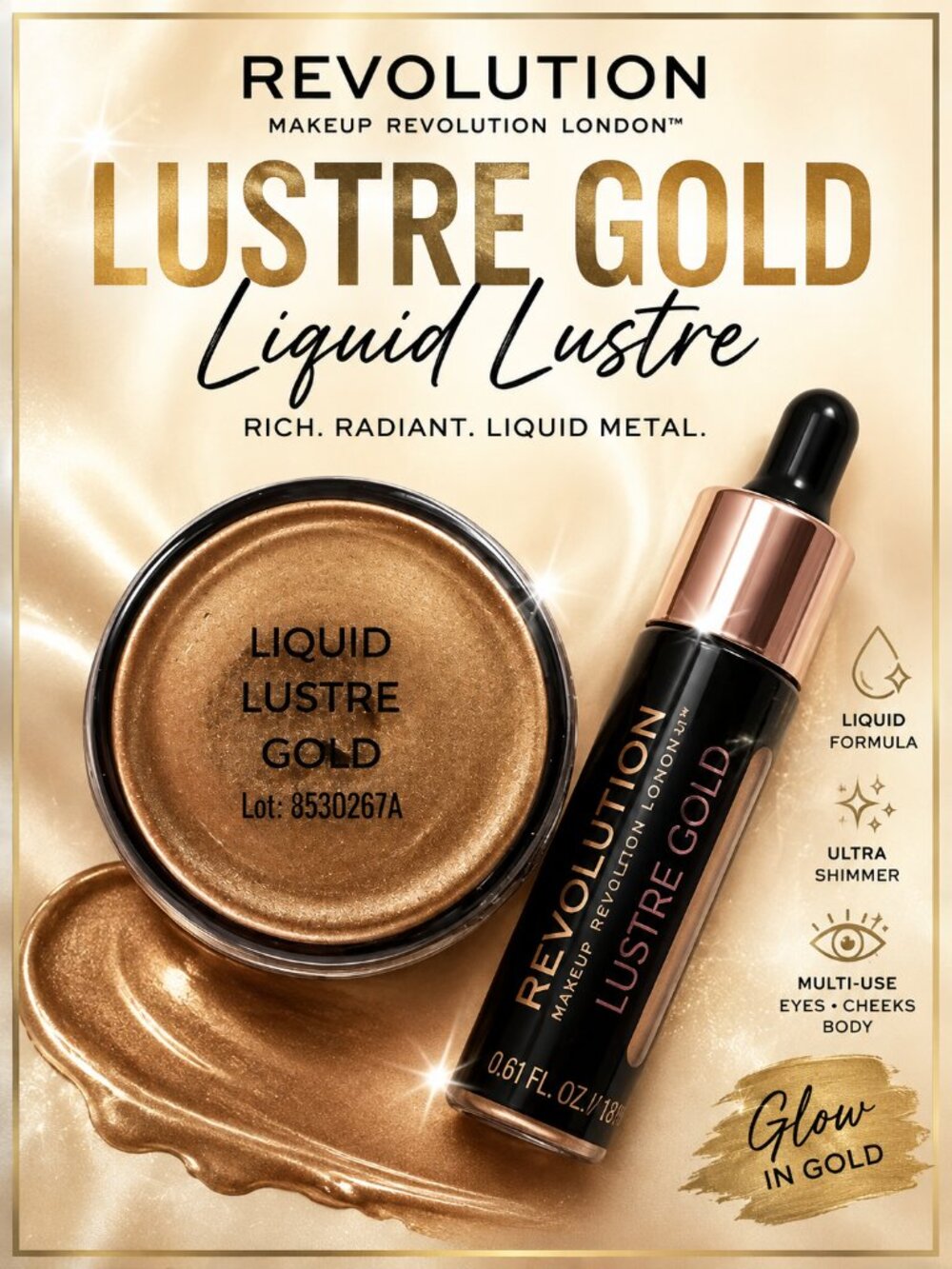 Makeup Revolution Liquid Highlighter Lustre Gold 0.61 fl oz NEW